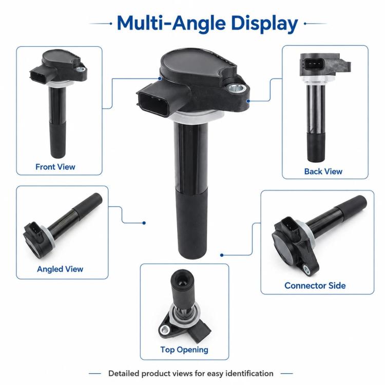 Ignition coil shown from multiple angles with connector and top opening