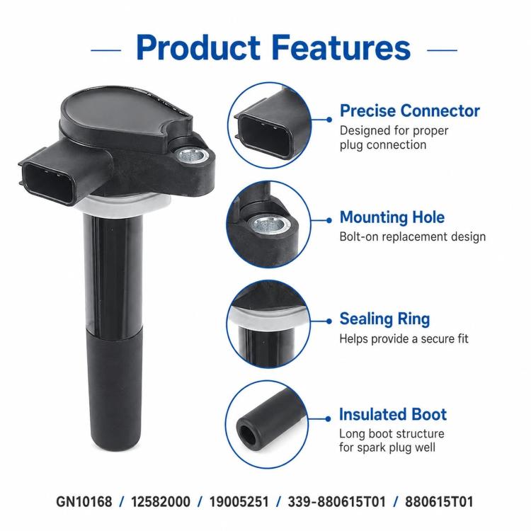 Black ignition coil with sealed boot, mounting hole, and connector plug