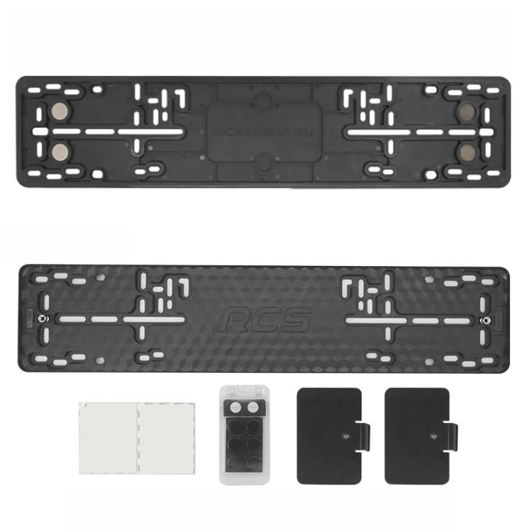 Black ABS European license plate frame with mounting holes and center cover, 2-pack