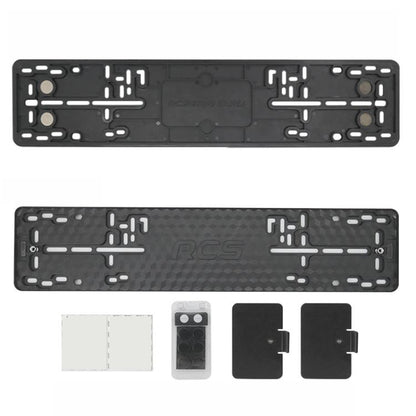 Black ABS European license plate frame with mounting holes and center cover, 2-pack