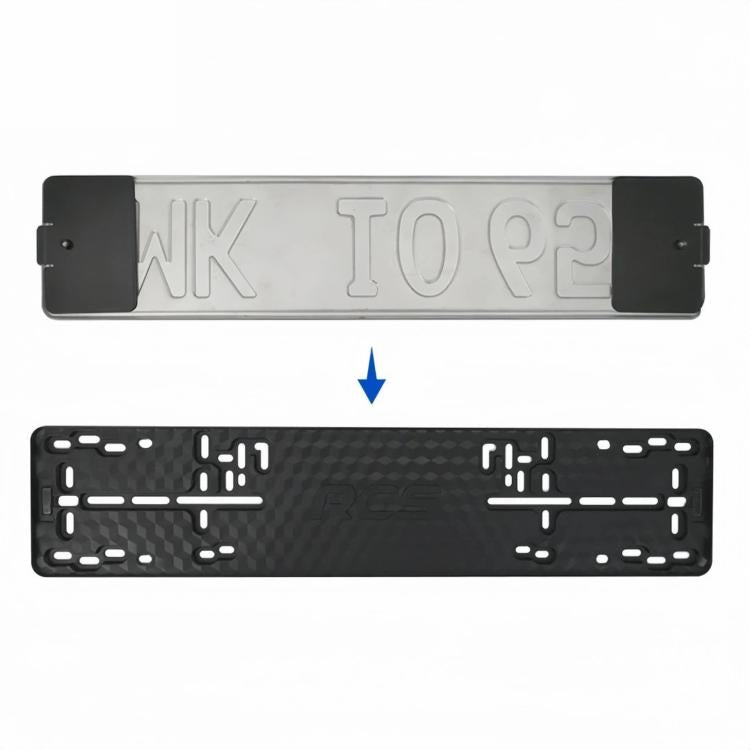 Black ABS Euro license plate frame with snap-on magnetic backing plates for mounting