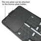 Black ABS license plate frame with attached iron plate backing for secure mounting