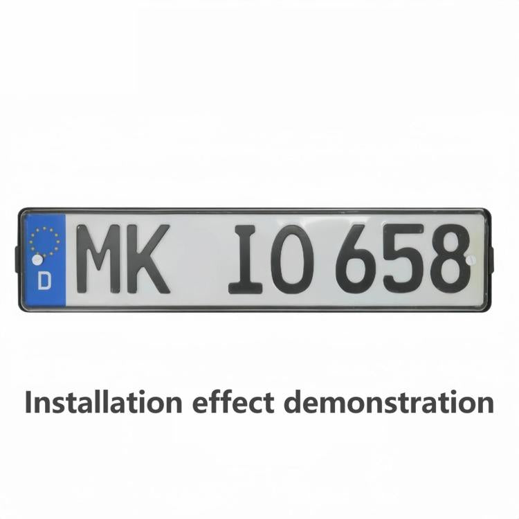 Black ABS Euro license plate frame installed on sample EU license plate with mounting holes