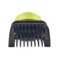 Adjustable guide comb close-up, metal trimming teeth with dark frame