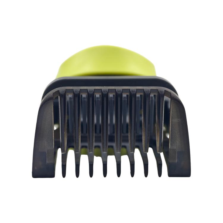 Adjustable guide comb close-up, metal trimming teeth with dark frame
