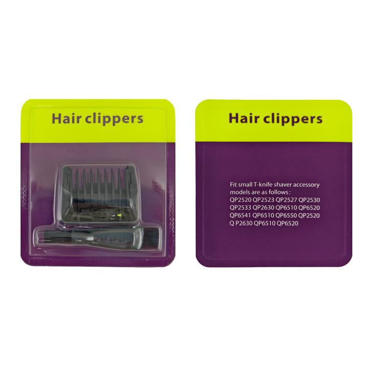 Hair trimmer guide comb in blister packaging, 1–5mm, with compatibility list