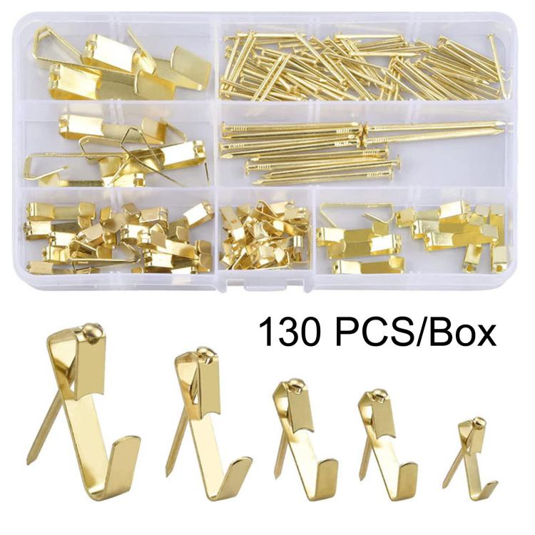 Gold picture hanging hook and nail set in clear box, 130 pieces