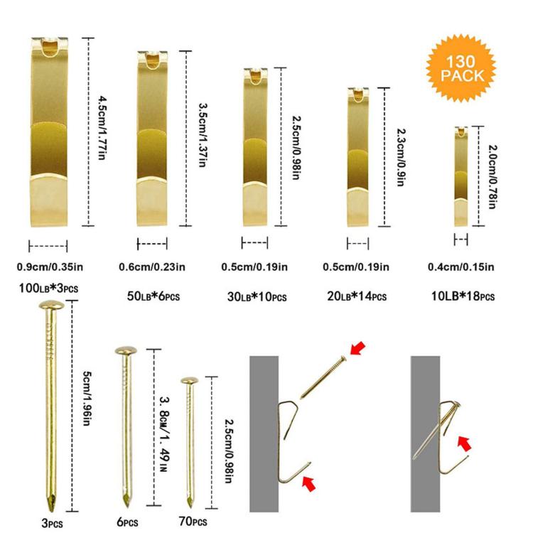 130-piece picture frame hook and nail kit with size diagram and mounting tips