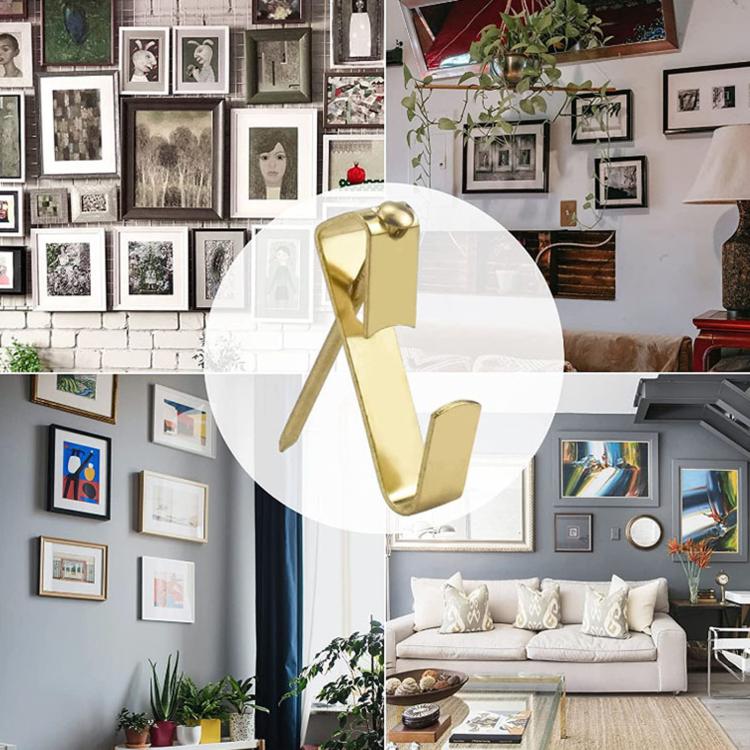 Gold picture hanging hooks shown in a home gallery wall display, 130-piece kit