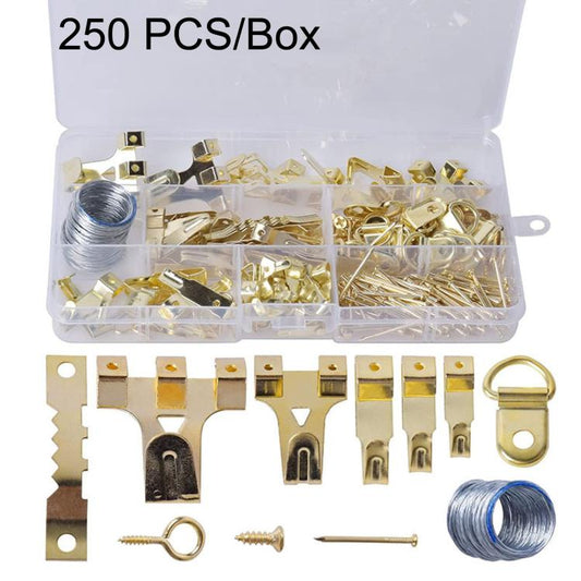 250 PCS/Box Picture Hanging Kit Heavy Duty Photo Frame Hooks Hardware Assortment with Wire Screws, 250 PCS/Box