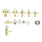 Picture hanging hardware kit size chart with multiple gold hook styles and 3m wire
