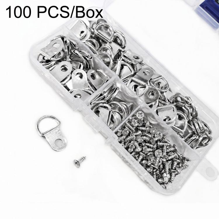 Small D-Ring Picture Hangers Single Hole Frame Hanging Hooks with Screws, 100 PCS/Pack, 100 PCS/Box