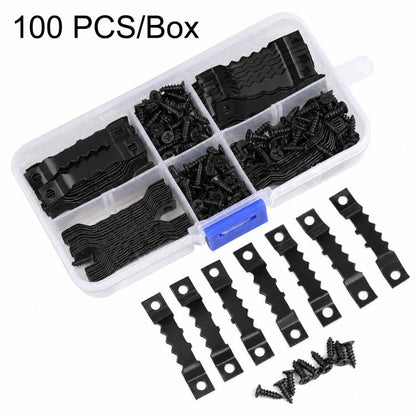 Black sawtooth picture hanging hooks kit with screws in a divided plastic box