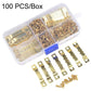 Gold sawtooth picture hanging hooks kit with screws in a divided plastic box