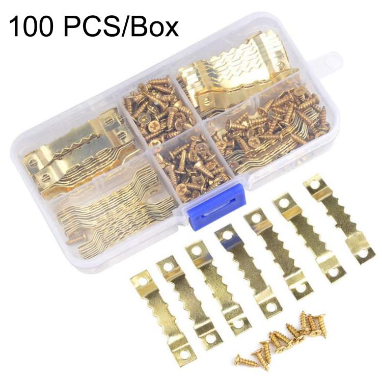 Gold sawtooth picture hanging hooks kit with screws in a divided plastic box