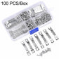 Silver sawtooth picture hanging hooks kit with screws in a divided plastic box