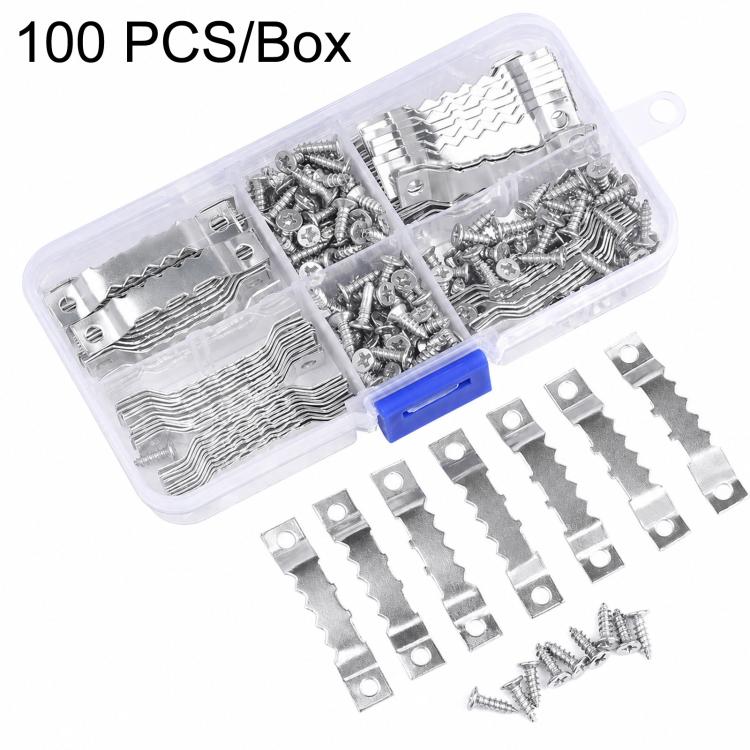 Silver sawtooth picture hanging hooks kit with screws in a divided plastic box