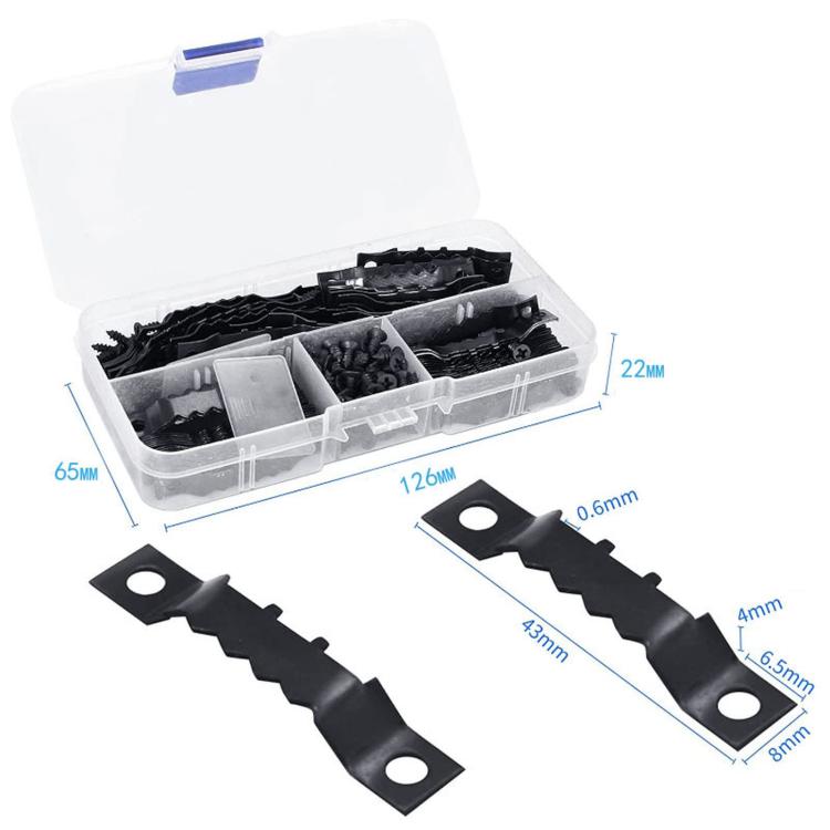 Black sawtooth picture hooks with mounting screws, shown with size measurements