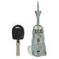 Car door lock cylinder with metal body and black key, shown with key blade