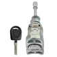 Door lock cylinder with key, front view of metal lock body and black key