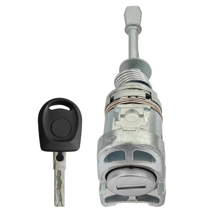 Door lock cylinder with key, front view of metal lock body and black key