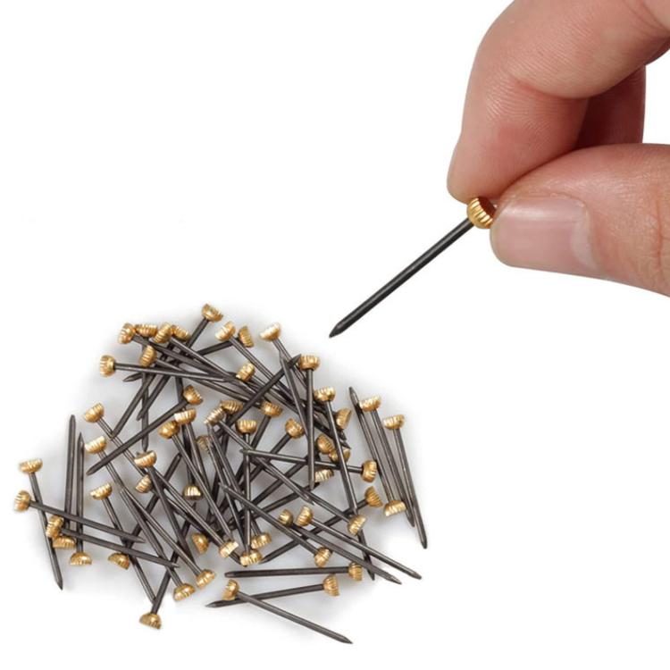 Hand holding one picture hanging nail, black shaft with brass head