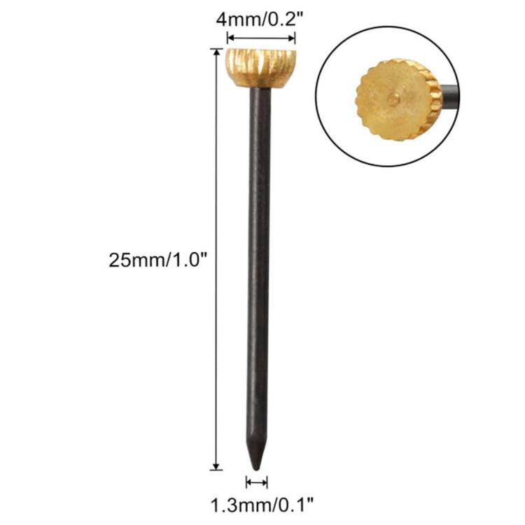 Picture hanging nail, black shaft with brass round head; size dimensions shown