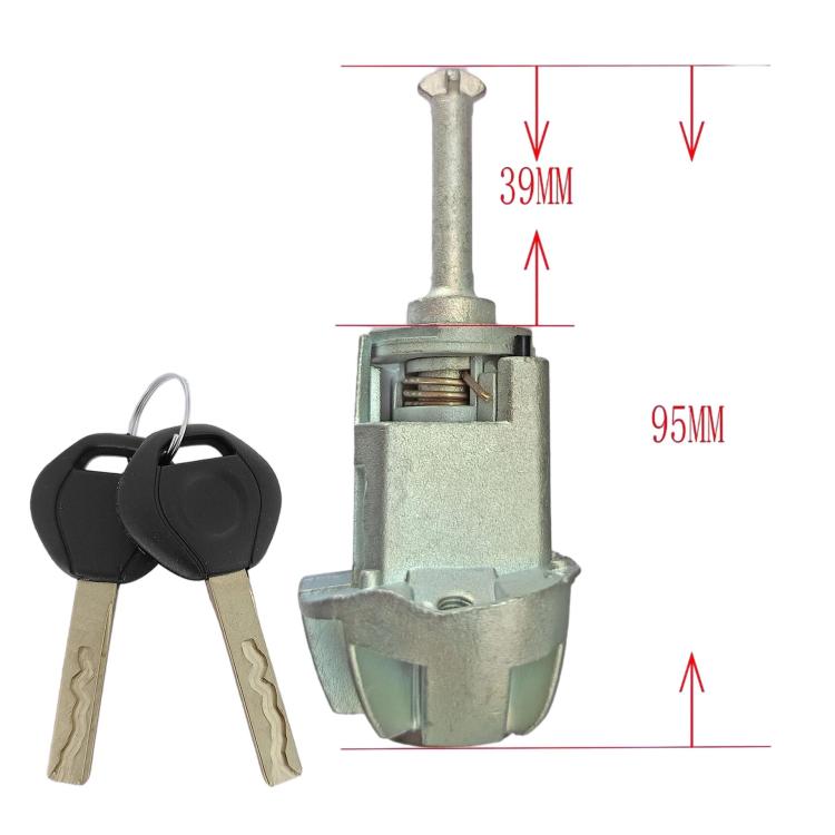 Right door lock cylinder with two keys and metal barrel, size-marked view