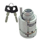 Ignition lock cylinder switch with two keys and visible electrical contacts, silver body