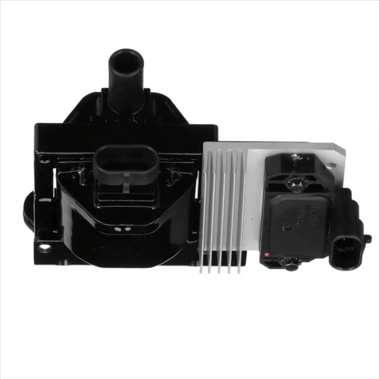Ignition coil assembly with black casing, electrical connector, and metal fins
