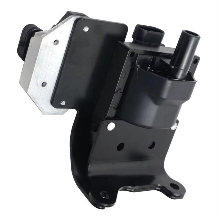 Ignition coil with black body and silver metal plate, mounting bracket and terminals