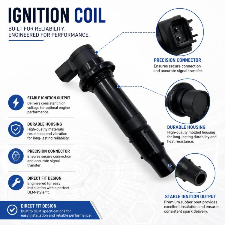 Black ignition coil with circular housing detail and angled connector