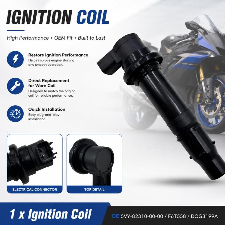 Black ignition coil with connector plug and ribbed insulated shaft