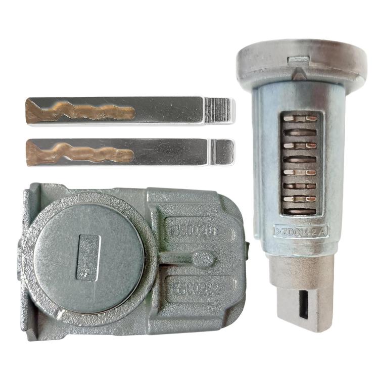 Ignition lock cylinder with keys and side pin tumbler barrel, gray metal