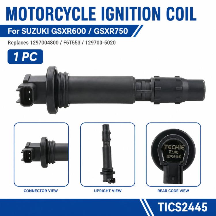 Motorcycle ignition coil, black with front mounting flange and connector