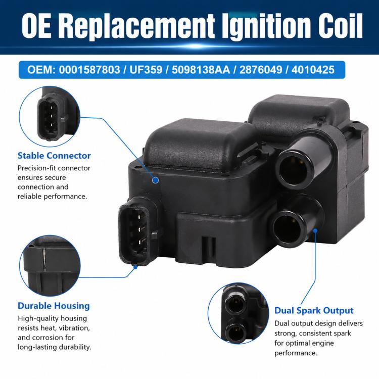 Black ignition coil module with dual spark output ports and stable electrical connectors