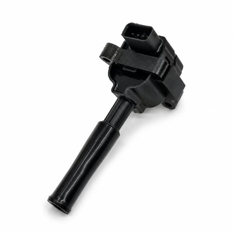 Ignition coil with black electrical connector and long insulated boot