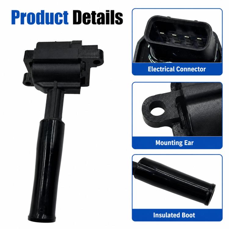 Ignition coil with black connector housing, mounting tab, and insulated boot