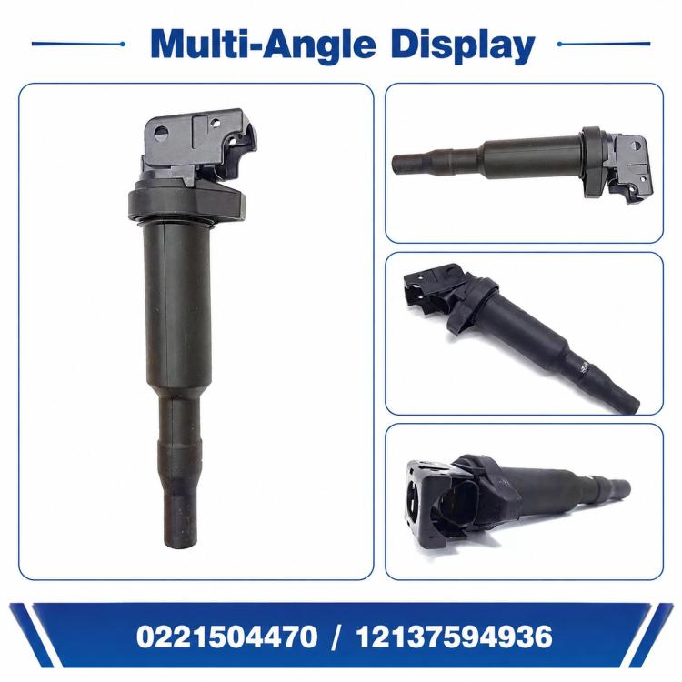 Black ignition coil with gray connector, shown from multiple angles
