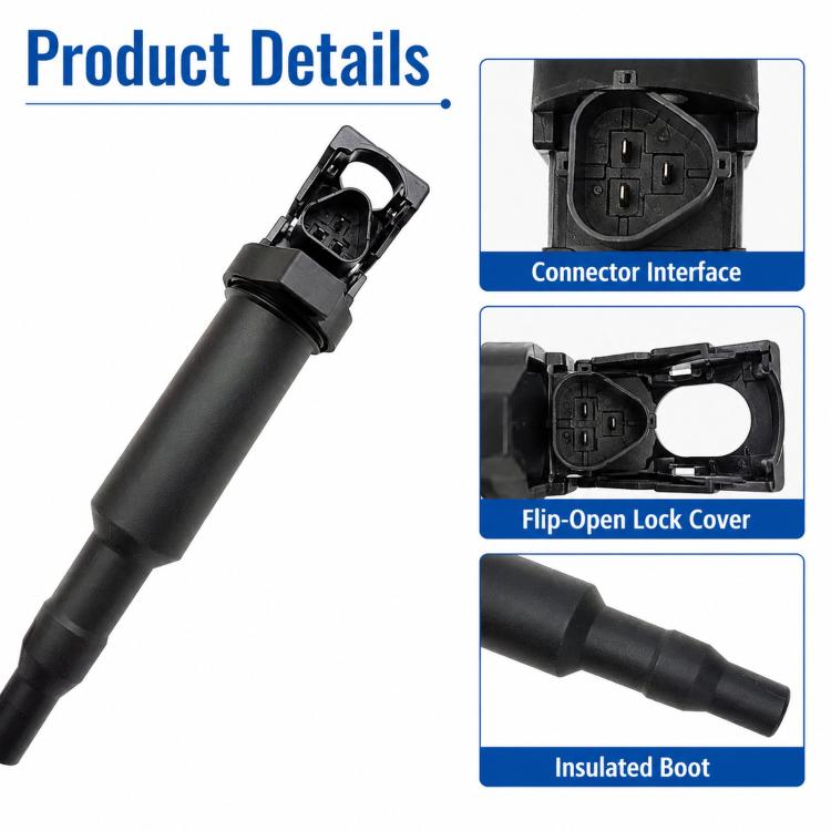 Ignition coil with flip-open connector interface and insulated black boot