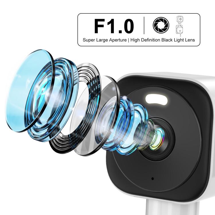 Black window security camera with close-up lens detail and blue light effect