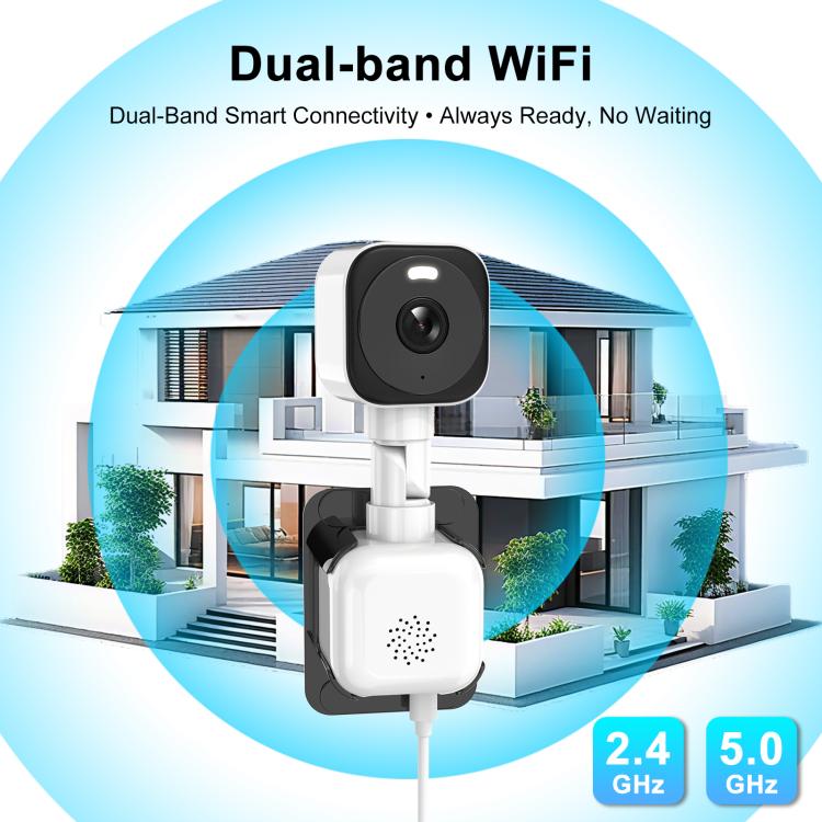 Dual-band WiFi window camera with 2.4 GHz and 5.0 GHz connectivity graphic