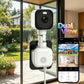 Indoor window security camera with dual-view app screen on a smartphone