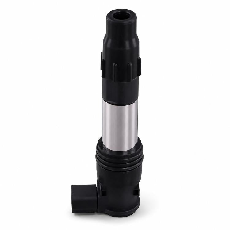Motorcycle ignition coil assembly with black plastic connector and silver metal body, side view