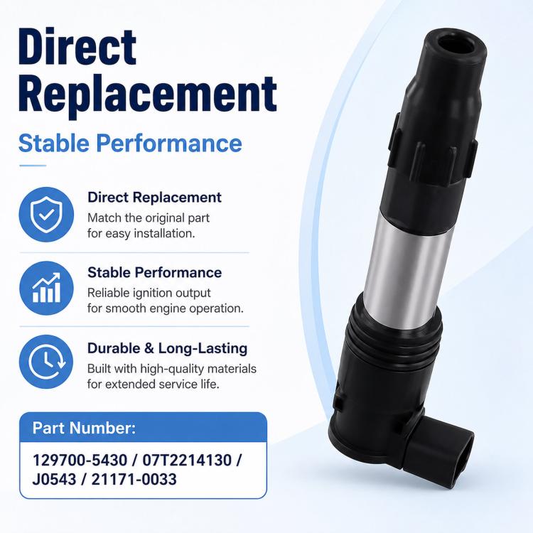 Replacement ignition coil with black rubber boot and silver metal tube, top cap visible