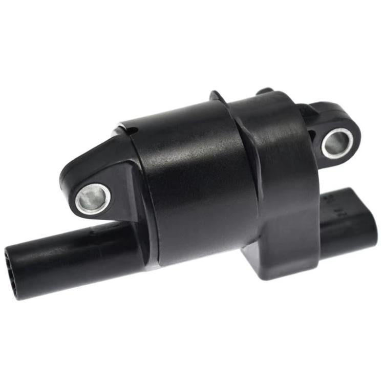 Black ignition coil with electrical connector and metal mounting tab