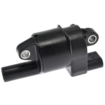 Black ignition coil with electrical connector and metal mounting tab
