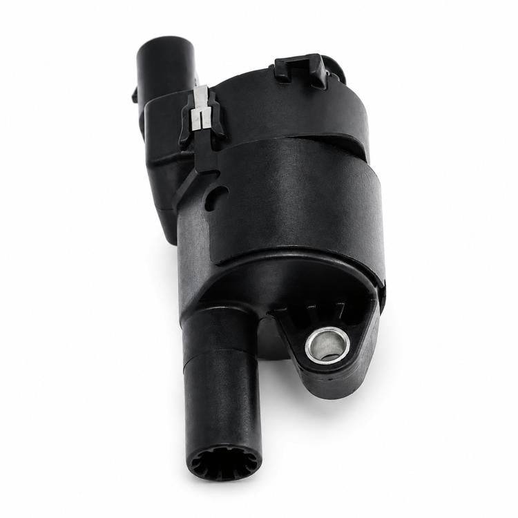 Black ignition coil with front metal mounting hole and plastic bracket