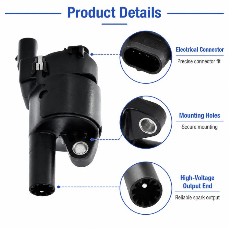 Black ignition coil with connector end, mounting hole, and high-voltage output