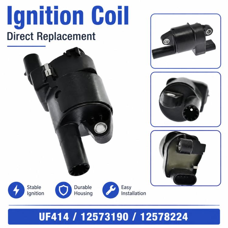 Black ignition coil with connector plug and metal mounting hole for replacement